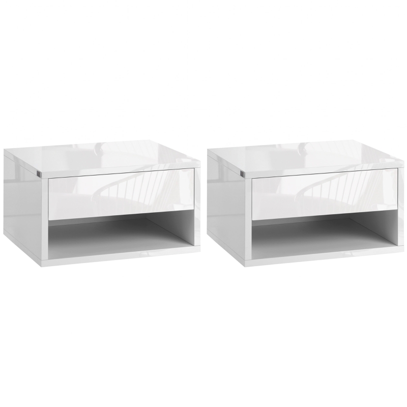 HOMCOM 2 Pieces Bedside Table Wall Mounted Nightstand with Drawer and Shelf for Bedroom, 37 x 32 x 21cm, High Gloss White