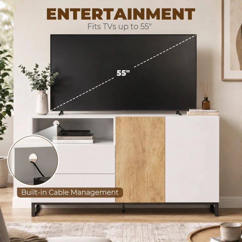 HOMCOM Bufet Modern 140 cm cu Poliță Deschisă, Alb și Stejar