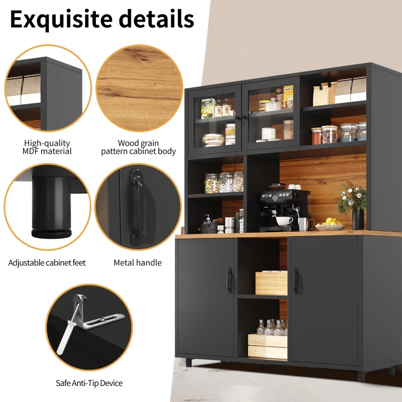 Tall Multi‑Purpose Storage Cabinet with App‑Controlled LED Lighting, Retro-Style Kitchen Hutch for Kitchen or Living Spaces, 140L x 40W x 185H cm, Black