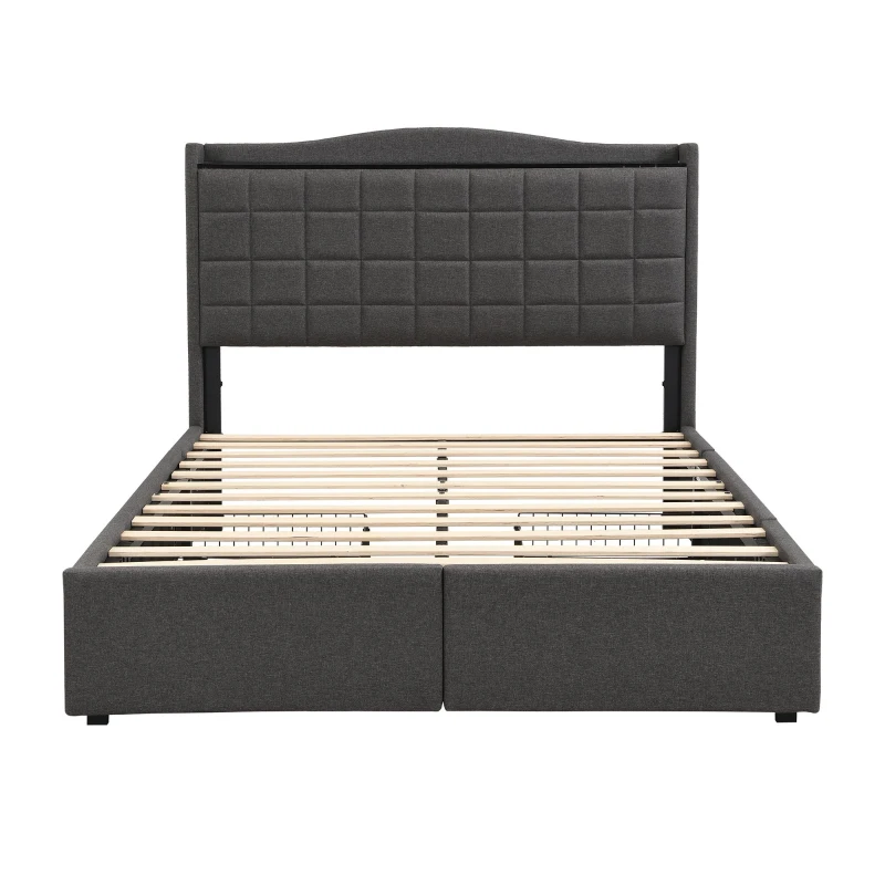 Spacious Upholstered Bed with 4 Under‑Bed Drawers, Cozy Bed Frame with Soft Headboard and Linen Surface, 208L x 140W x 111H cm, Grey