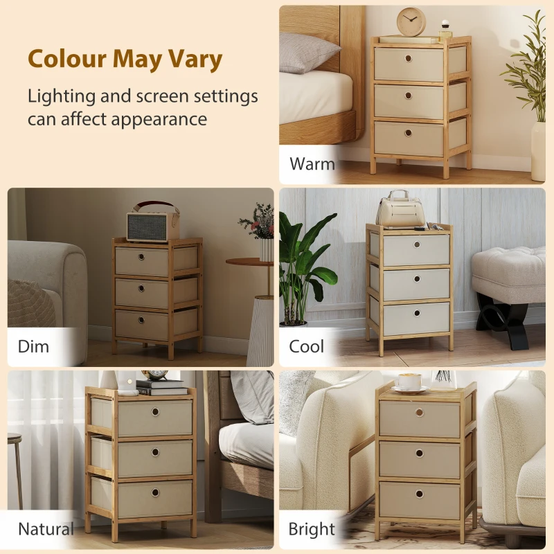 HOMCOM Chest of Drawers, 3 Fabric Drawers Narrow Dresser with Bamboo Frame, Cream White