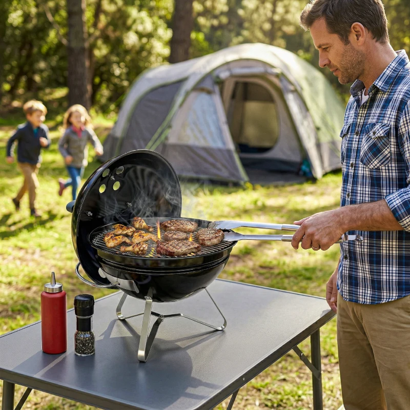Outsunny Barbacoa de Carbón Portátil Barbacoa de Carbón Redonda Tapa con Soporte Rejilla Ventilación Ajustable Ø41x44 cm Negro