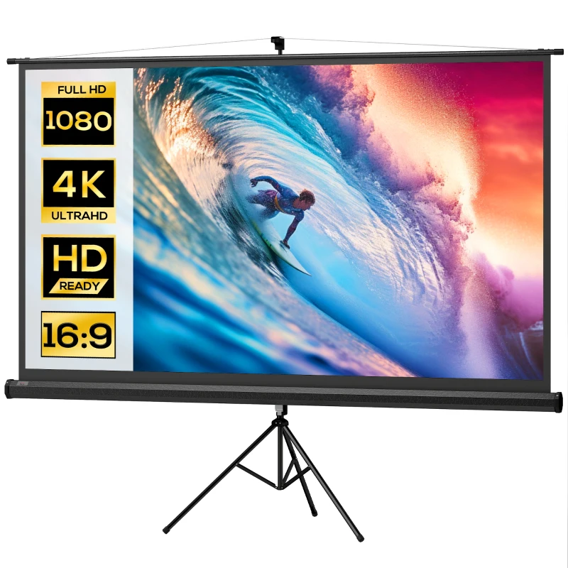 HOMCOM Pantalla de Proyección con Soporte Portátil 100 Pulgadas Formato 16:9 con Altura Ajustable 221x124 cm Negro