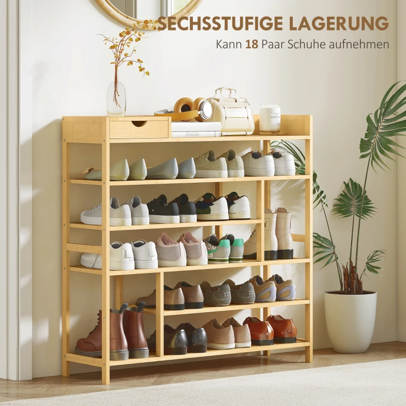 HOMCOM Schoenenrek, Schoenenhouder met 6 niveaus, Lade van bamboe, voor max. 18 paar schoenen, Schoenplank voor entree, slaapkamer, 101 x 30 x 100 cm, Natuur