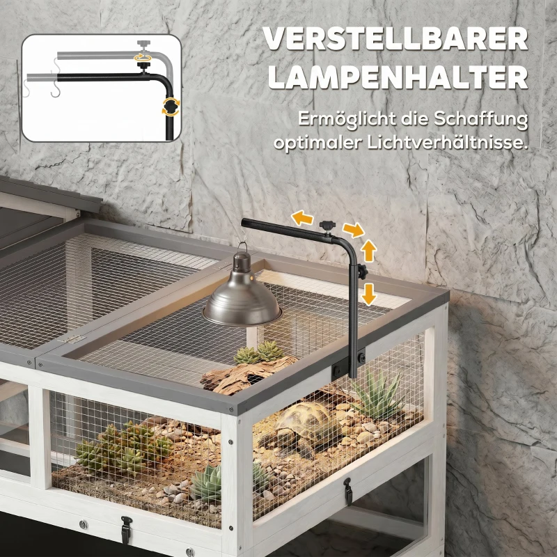 PawHut childkrötenhaus aus Holz Schildkrötengehege mit Zwei Haupthäusern aufklappbarem Oberseite Lampenhalter Grau