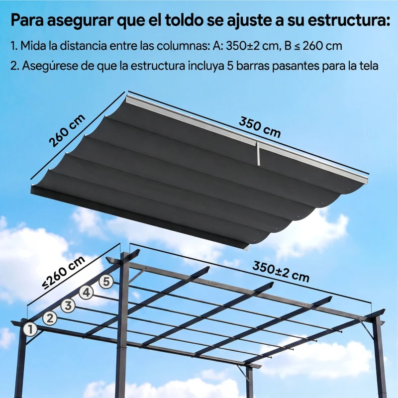 Outsunny Cubierta para Techo Retráctil de 3,5x2,6 m para Pérgola 4x3 Tela de Repuesto con 10 Orificios de Drenaje Gris Oscuro