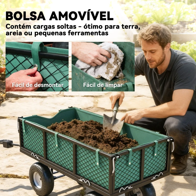 Outsunny Carro de Jardim com Rodas Grandes Alça Ajustável e Bolsa Impermeável Removível Carga 300 kg 105x51x54 cm Verde