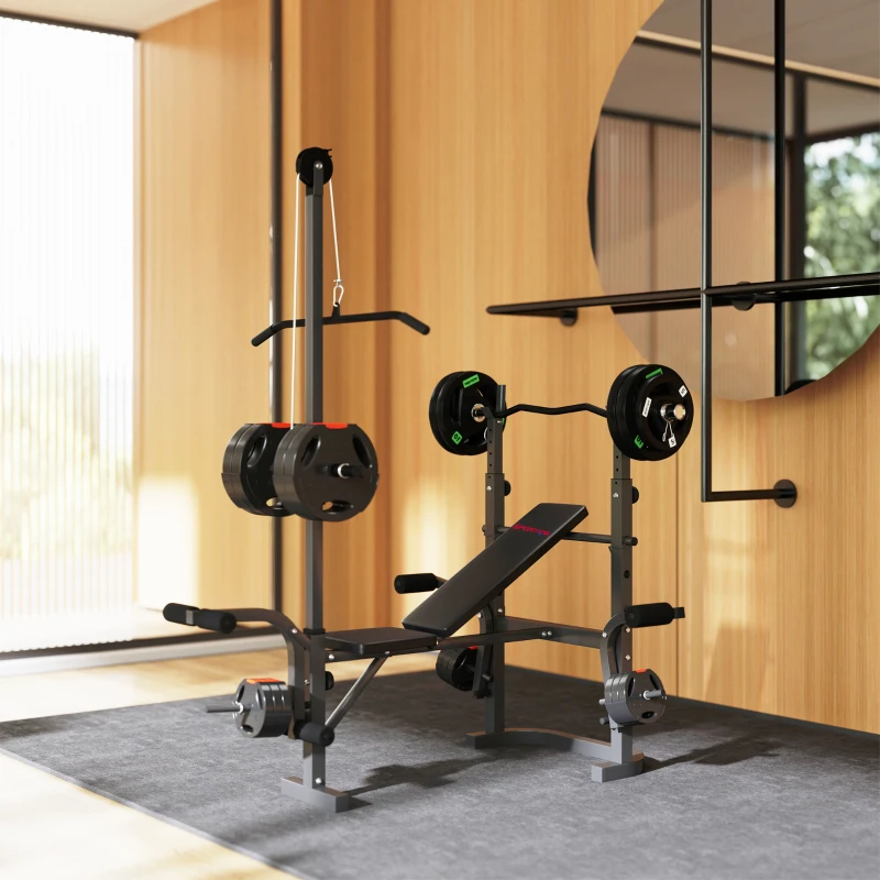 SPORTNOW Banco de Musculación con Soporte para Barra Ajustable Extensión de Piernas Curl de Predicador y Mariposa para Gimnasio