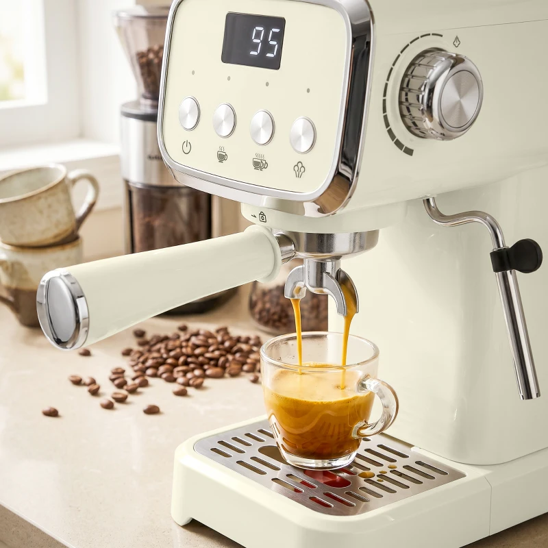 HOMCOM Cafetera de Portafiltro 20 Bar con Espumador y Depósito Extraíble de 1,2 L para Espresso Blanco Crema