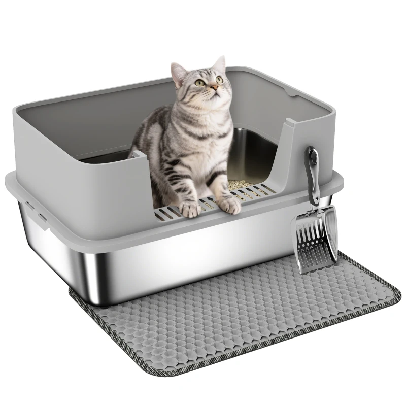 PawHut Katzentoilette Edelstahl Offene Katzenklo mit Schaufel hohem Rand Matte für Katzen bis 7 kg 60,2 x 40,2 x 29,5 cm, Grau