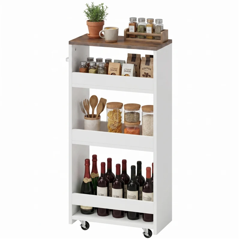 HOMCOM Carrito de Cocina Estrecho de 3 Niveles con Ruedas para Espacios Reducidos Comedor o Salón Blanco