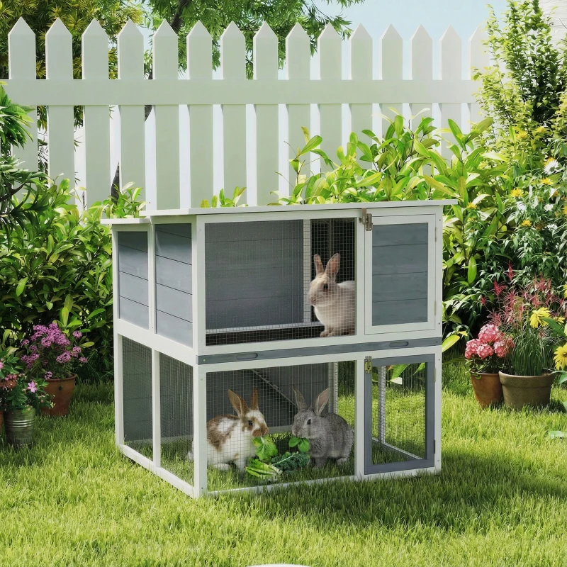 PawHut Hasenstall 2 Etagen Kaninchenstall aus Holz mit wetterfest aufklappbar Dach, Freilaufgehege, Rampe, 98x95x102,5 cm Grau