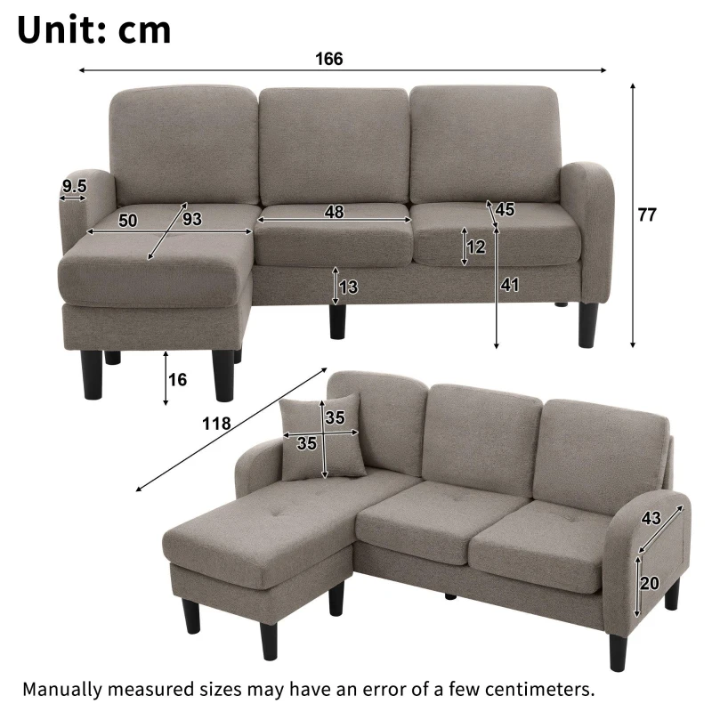 L-Shaped Sofa with Reversible Chaise Lounge, 3-Seater Couch for Living Rooms, Apartments, or Offices, 116L x 118W x 77H cm, Dark Grey