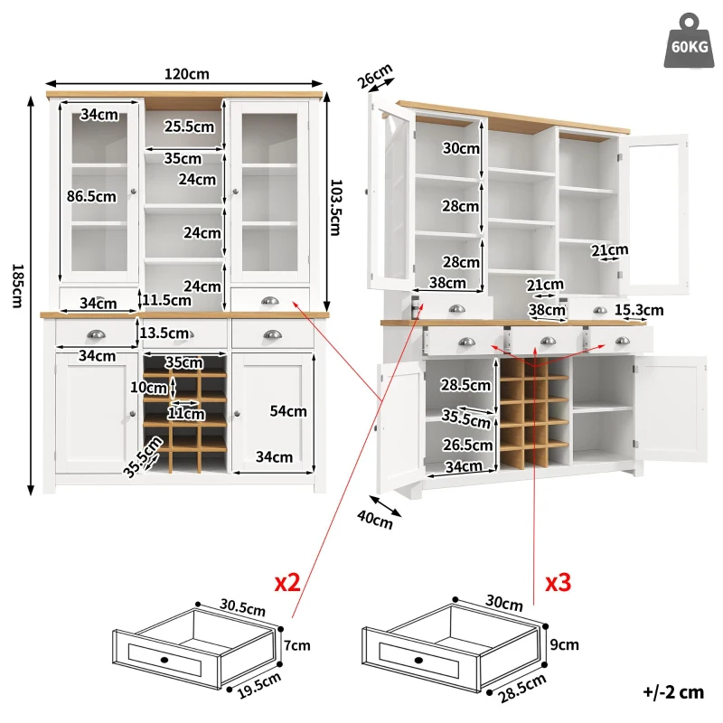 Kitchen Pantry Cabinet with Wine Rack and Adjustable Shelves, Glass-Door Buffet Sideboard with 5 Deep Drawers, 120L x 40W x 185H cm, White