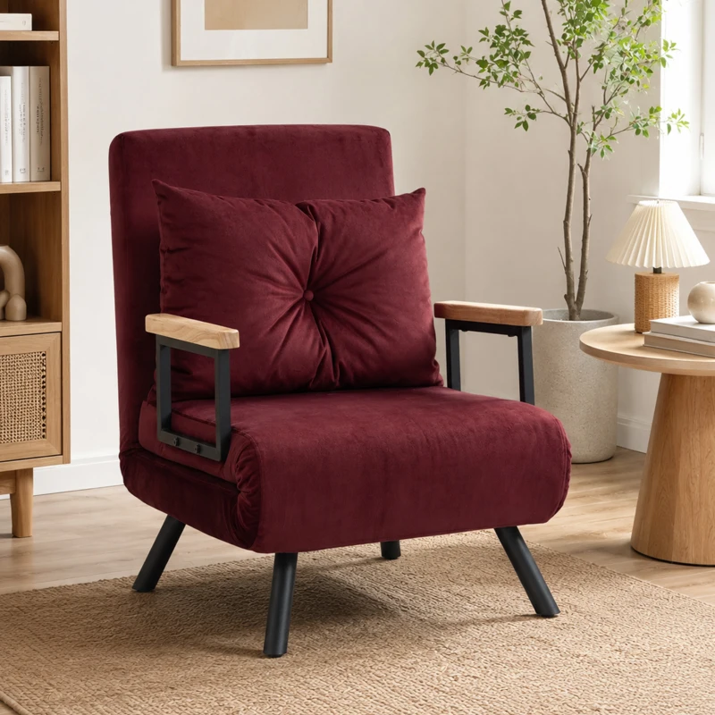 HOMCOM Poltrona Letto Imbottita 3 in 1 con Schienale Reclinabile in 5 Posizioni e Cuscino, 63x73x81 cm, Rosso Vino