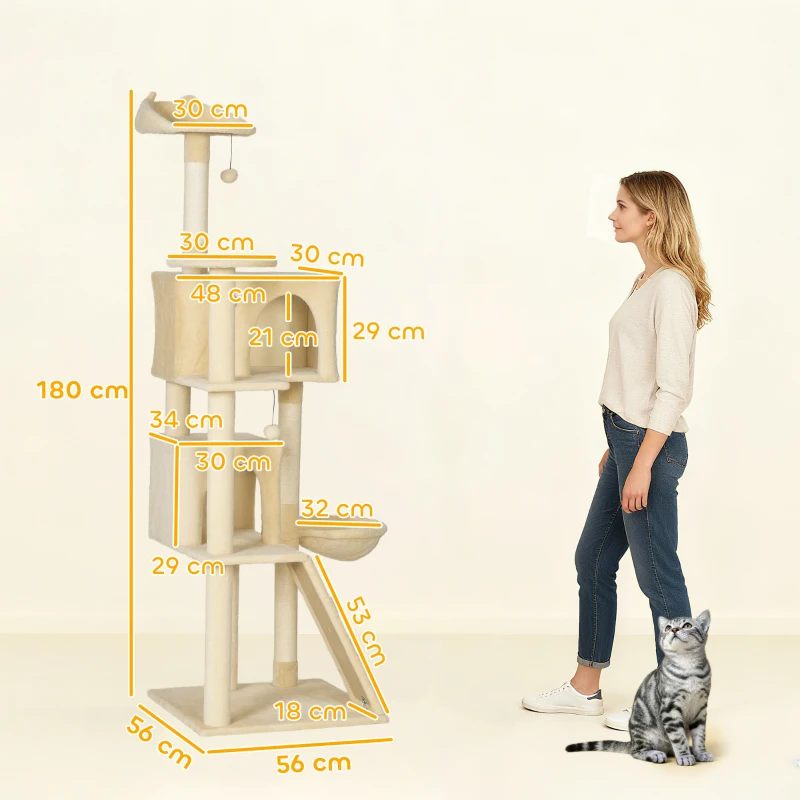 PawHut Árbol Rascador para Gatos 180 cm con Plataformas Cama 2 Cuevas Hamaca Escalera Postes de Sisal Beige
