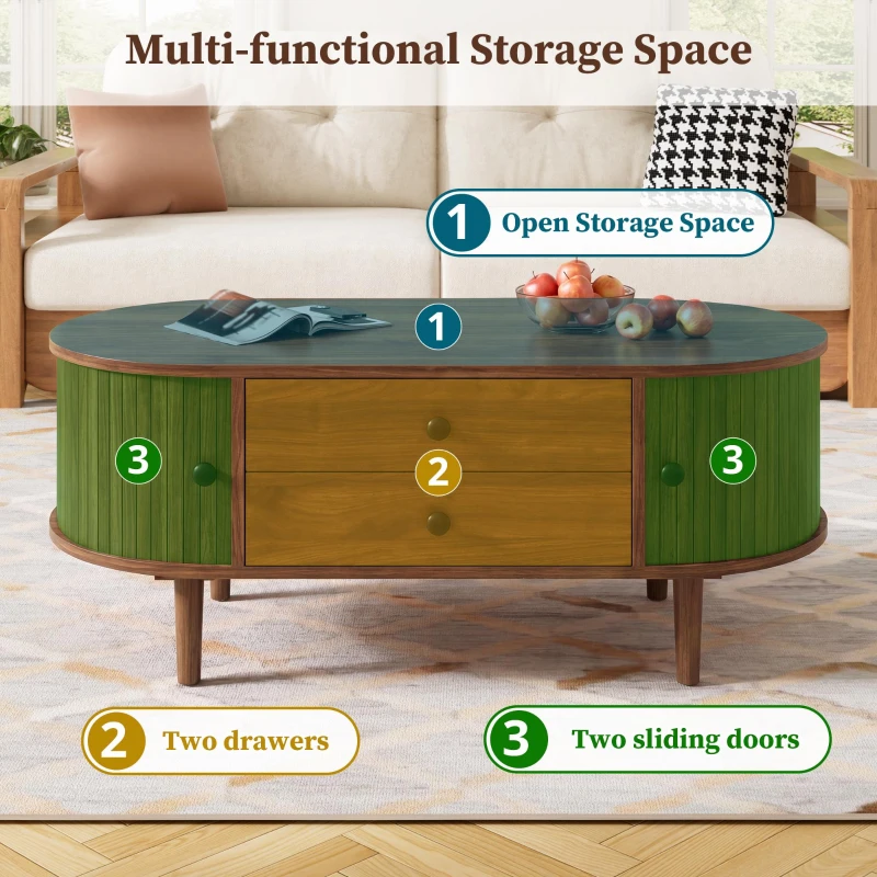 Spacious Room Table with Sliding Doors and 2 Drawers, Retro Oval Coffee Table with Vertical Slats and Clean Lines, 100L x 50W x 40H cm, Walnut