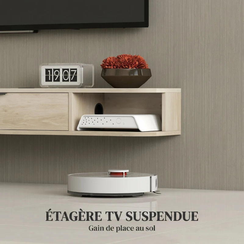 HOMCOM Meuble TV suspendu, meuble télé pour téléviseur jusqu'à 50 pouces, tiroir rabattable 2 étagères 120x24x16cm bois naturel