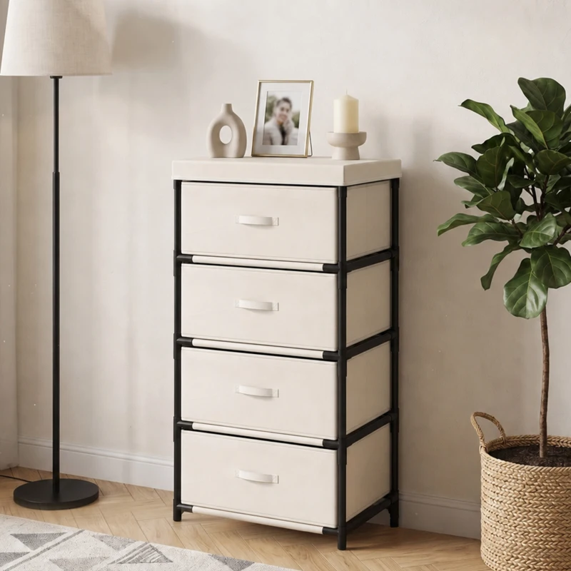 HOMCOM Comodă pentru dormitor cu 4 sertare textile, cadru din oțel, comodă pentru living, birou, dressing, bej
