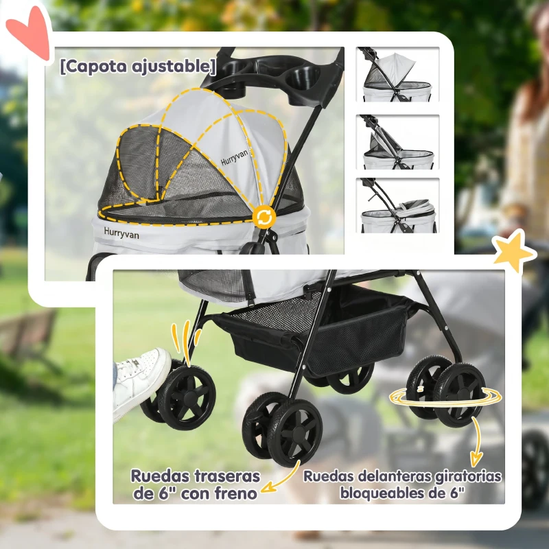 PawHut Carrito para Perros Pequeños con 4 Ruedas Freno Cesta Capota Correas de Seguridad y Ventanas 67x45x96 cm Gris Claro