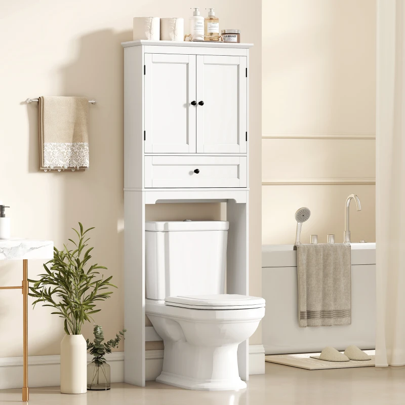 HOMCOM Dulap WC deasupra toaletei, dulap de toaletă cu 2 uși, sertar și raft reglabil, Alb
