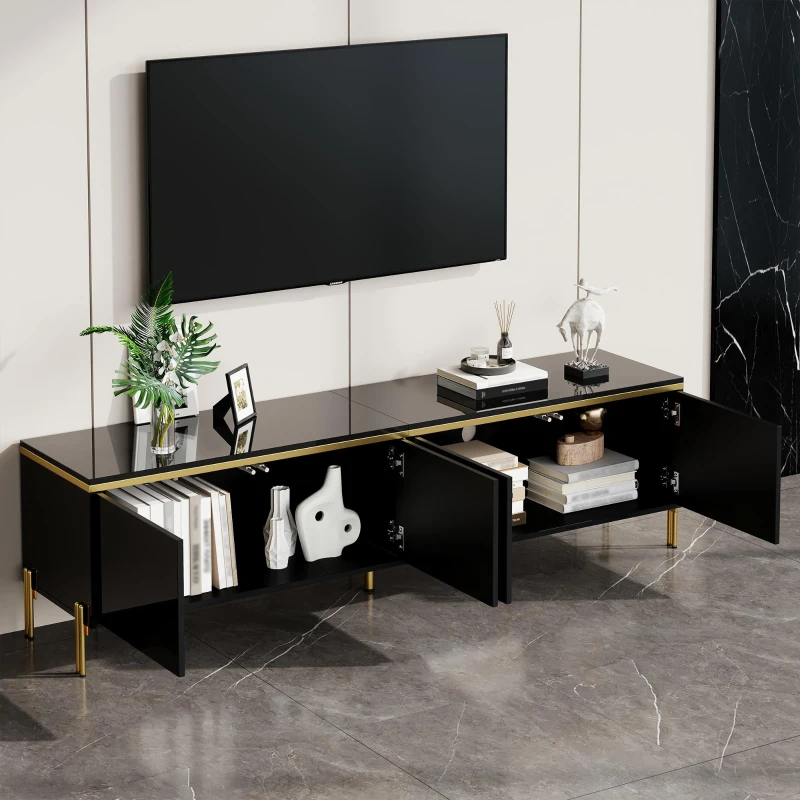 Spacious TV Stand with 4-Door Storage, Functional TV Cabinet for Modern and Italian Minimalist Living Rooms, 170L x 38W x 50H cm, Black