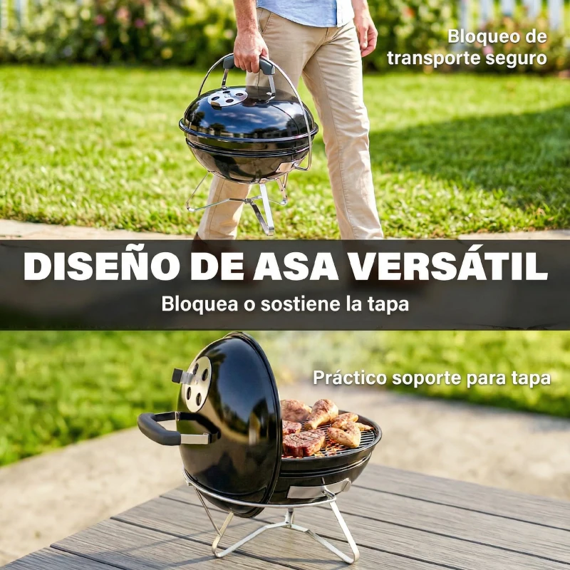 Outsunny Barbacoa de Carbón Portátil Barbacoa de Carbón Redonda Tapa con Soporte Rejilla Ventilación Ajustable Ø41x44 cm Negro