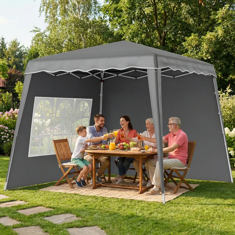 Outsunny Carpa Plegable Pop-up 2,89x2,89m Cenador Pabellón de Jardín con Paredes Laterales Altura Ajustable Protección UV50+ Gris