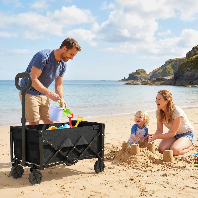 Outsunny 60L Foldable Festival Trolley on Wheels, Collapsible Wagon Cart with Drop-Down Tailgate, Adjustable Handle, Black