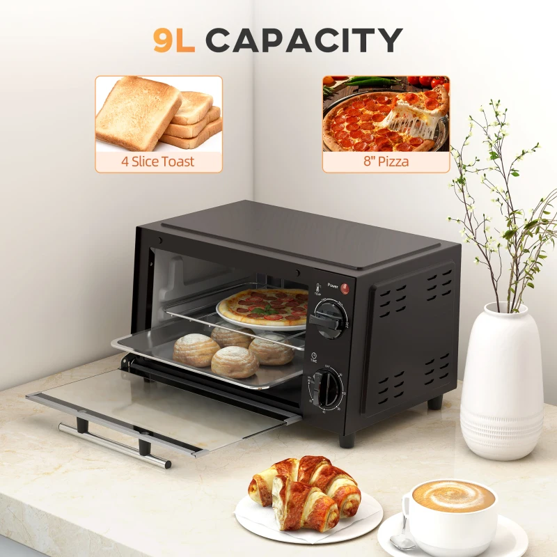 HOMCOM Mini Oven, 9L Countertop Electric Grill, Toaster Oven with Adjustable Temperature, Timer, Dishwasher Safe Baking Tray and Wire Rack, 750W, Black