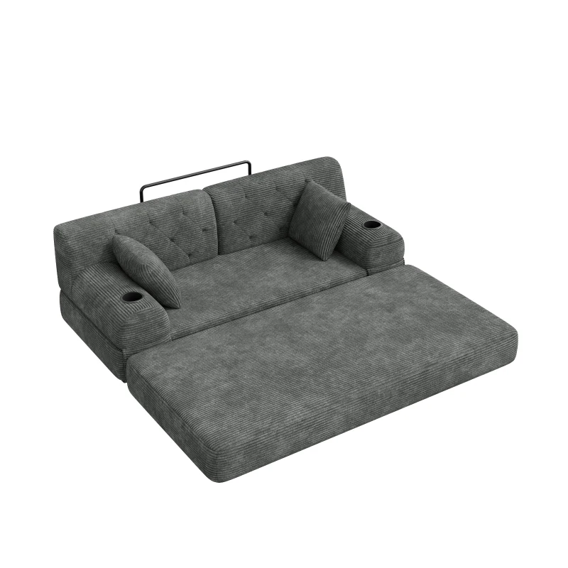 Corduroy Convertible Sofa Bed with Metal Frame and High-Density Foam, 2-Seater Sleeper Sofa with High Backrest, 168L x 80W x 81H cm, Dark Gray