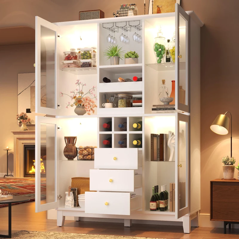 White Wine Cabinet with App-Controlled RGB LED Lighting, Adjustable-Dlass-Shelf Showcase with Wine Rack and Glass Holder, 120L x 40W x 180.5H cm, White