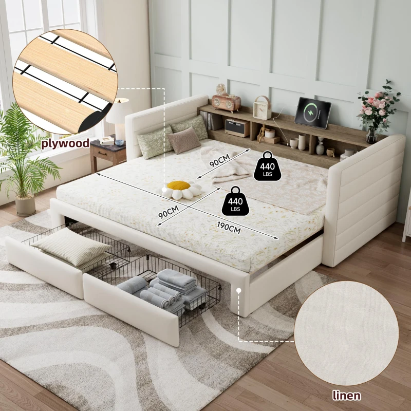 Practical Upholstered Daybed with Pull-Out Trundle, Ideal Bed Frame for Studios, Living Rooms, or Guest Spaces, 200L x 140W x 100H cm, Beige