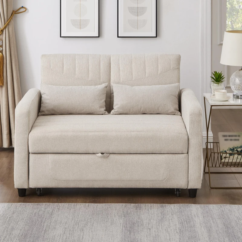 Adjustable Sofa Bed with 3-Level Backrest, Comfortable Couch for Small Apartments, Living Rooms, or Bedrooms, 112L x 169W x 59H cm, Beige