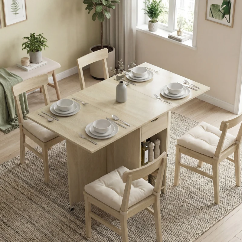 HOMCOM Klappbarer Esstisch für 2-4 Personen, Rollbarer Tisch mit offenem Fach und Schublade, ideal für kleine Räume, Natur
