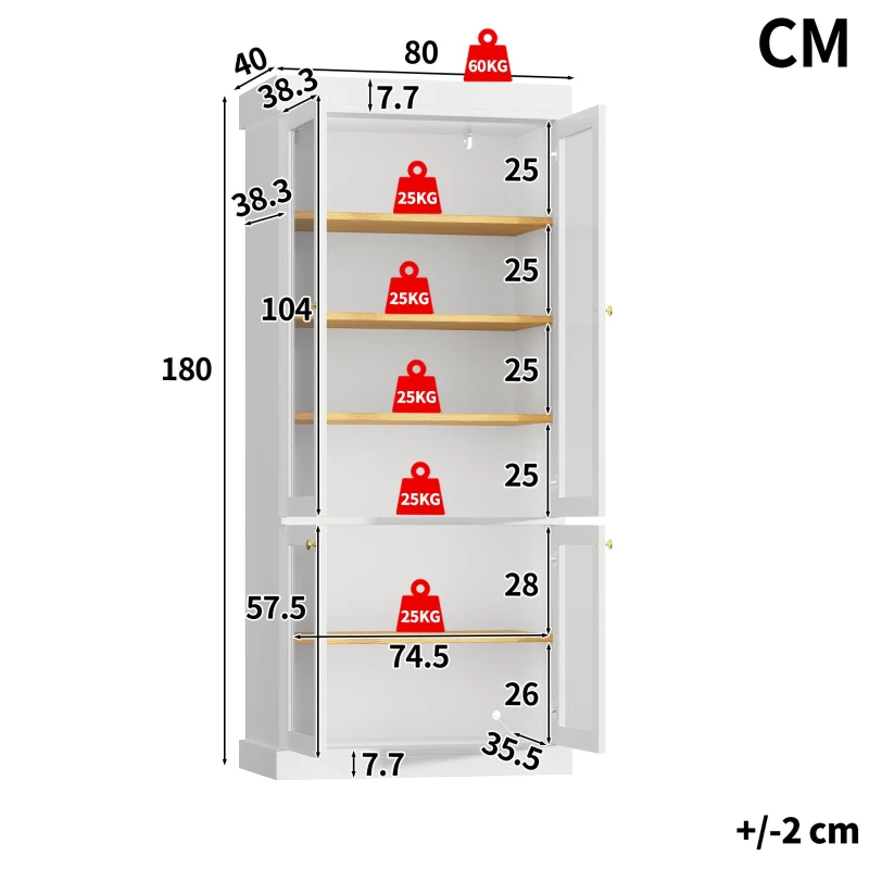 Modern Display Cabinet with Integrated LED Mood Lighting, Adjustable-Shelf Tall Bookcase for Industrial Interiors, 80L x 40W x 180H cm, White