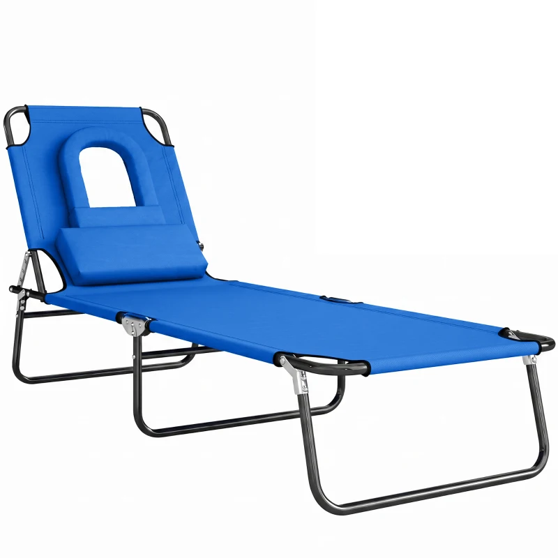 Outsunny Bain de soleil chaise longue pliante avec appuie-tête, trou de lecture, transat inclinable 4 positions en Oxford 600D, transat jardin extérieur camping piscine terrasse, 190x56x28cm, bleu