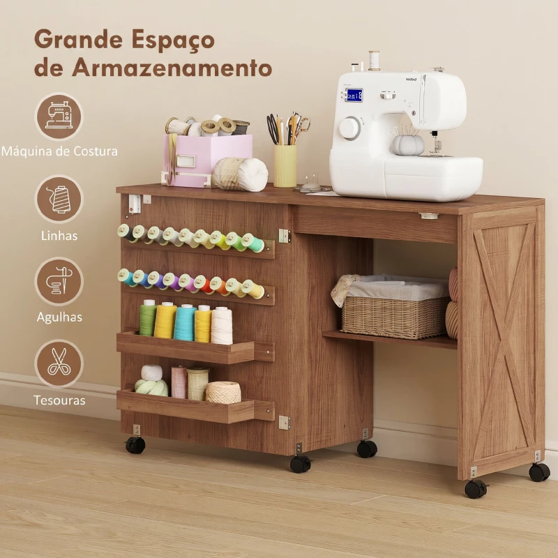 HOMCOM Mesa para Máquina de Costura Dobrável com Porta Magnética, 2 Compartimentos, Prateleira, 18 Suportes para Linhas e 5 Rodas, Castanho