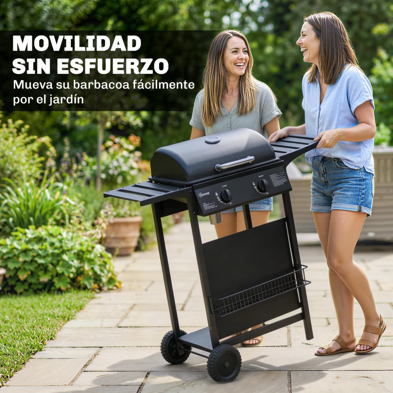 Outsunny Barbacoa de Gas BBQ Gas con 2 Quemadores 5 kW Termómetro Mesas Laterales Estante Rejilla Calentadora 2 Ruedas Negro
