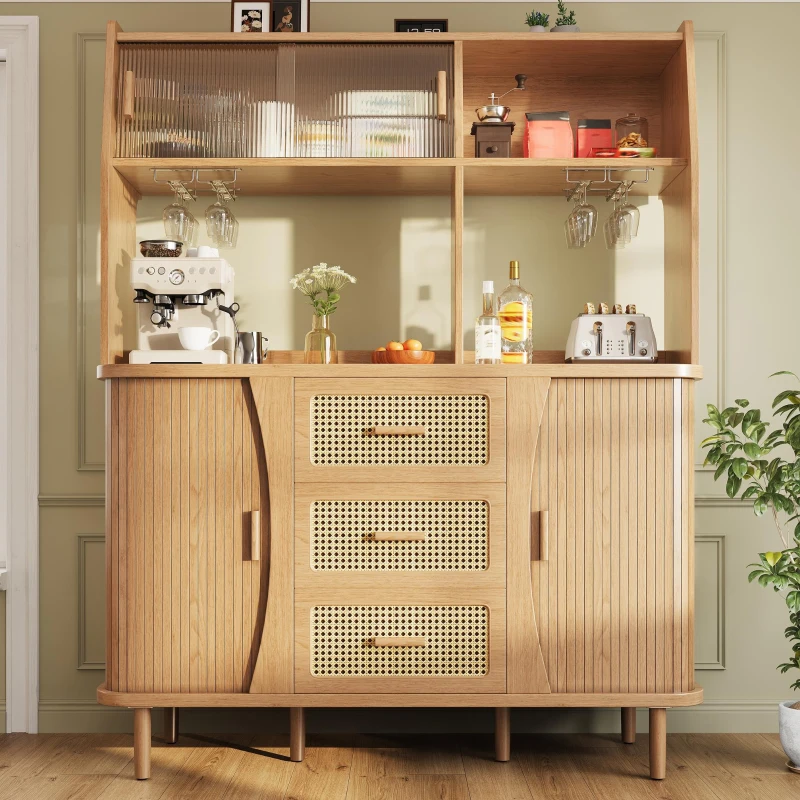 Adjustable-Feet Dining Room Cupboard with Wine Glass Holders, High-quality Sideboard with for Kitchen or Hallways, 140L x 40.5W x 174.5H cm, Wood