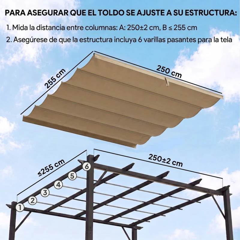 Outsunny Cubierta para Techo Retráctil de 2,5x2,55m para Pérgola 3x3 Tela de Repuesto con 10 Orificios de Drenaje Pardo