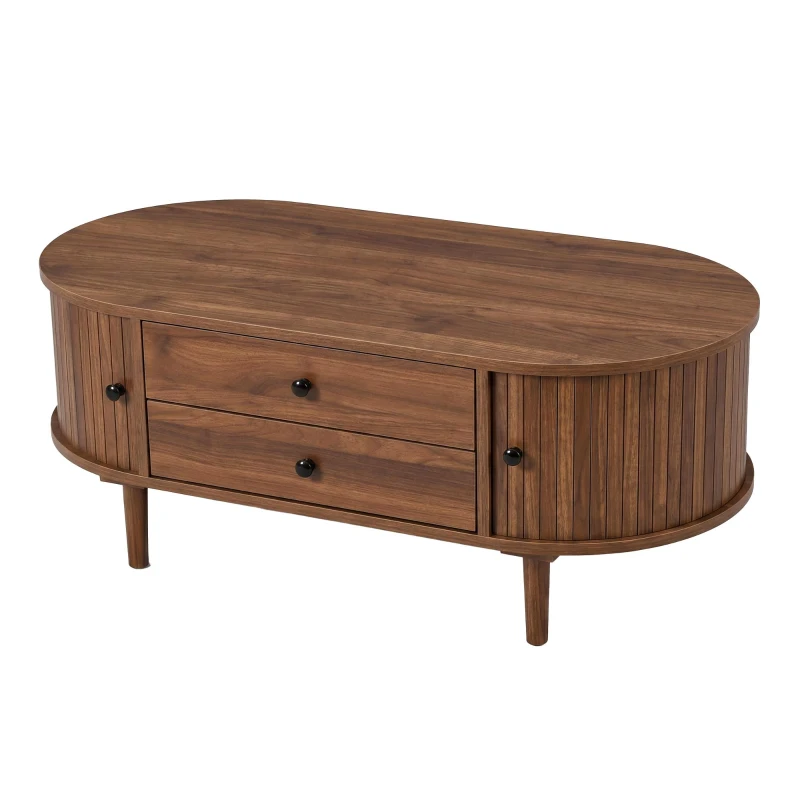 Spacious Room Table with Sliding Doors and 2 Drawers, Retro Oval Coffee Table with Vertical Slats and Clean Lines, 100L x 50W x 40H cm, Walnut