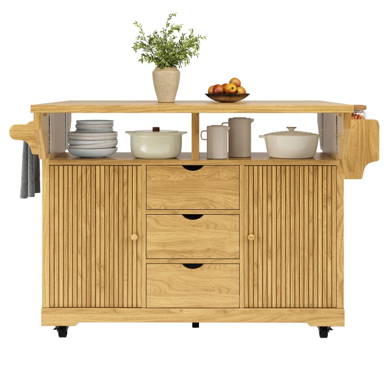 Foldable Serving Trolley with Ample Storage and Snack Racks, Mobile Kitchen Island for Balconies or Dining Room, 142.5L x 40W x 95H cm, Natural+Light Brown