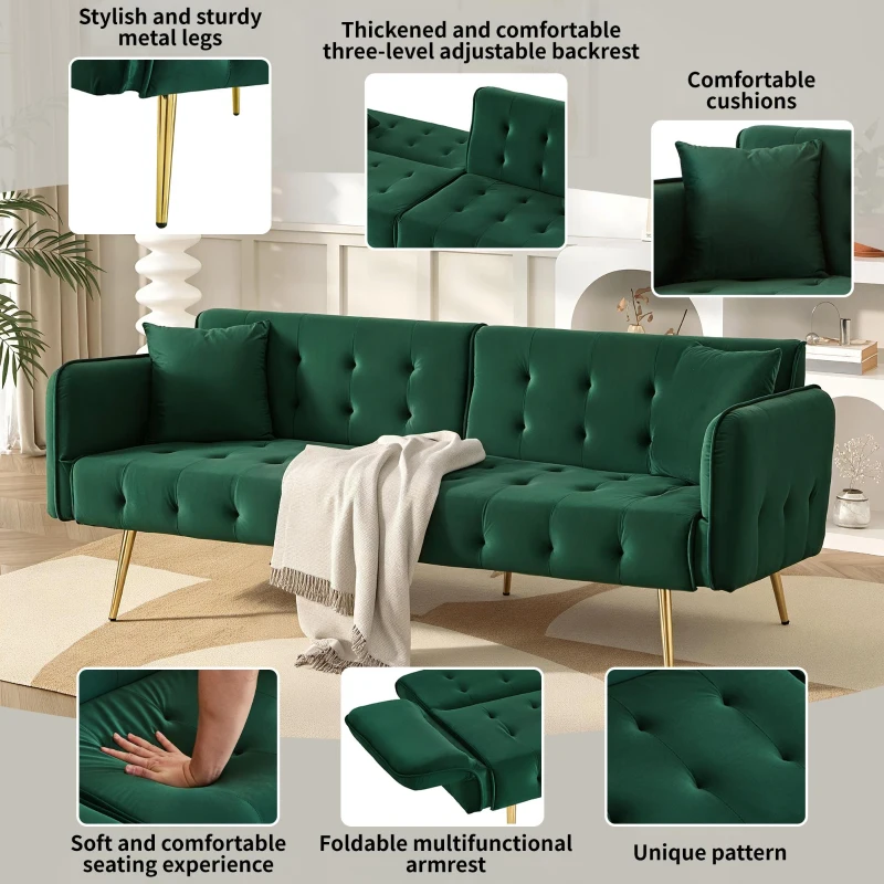 Space-Saving Sofa Bed with Folded Backrest, Ideal Sofa Sleeper for Small Apartments or Dormitories, 178L x 82W x 70H cm, Green