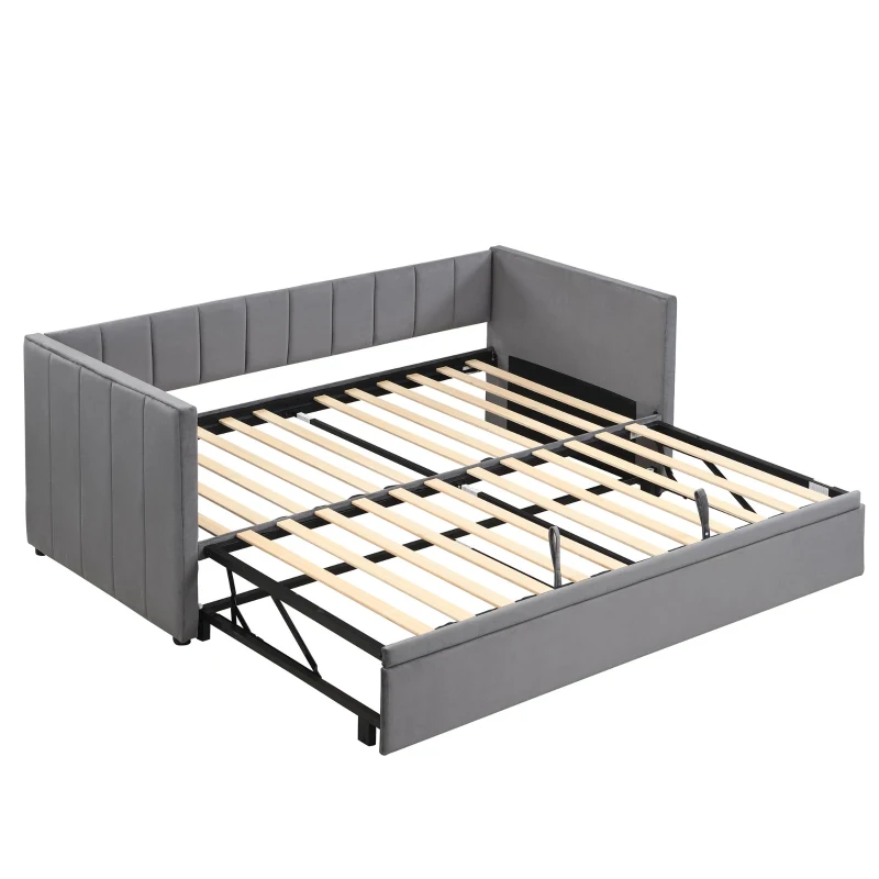Space-Saving Daybed with Pull-Out Trundle, Ideal Bed Frame for Studios, Living Rooms, or Multi‑Purpose Guest-Spaces, 200L x 140W x 100H cm, Grey