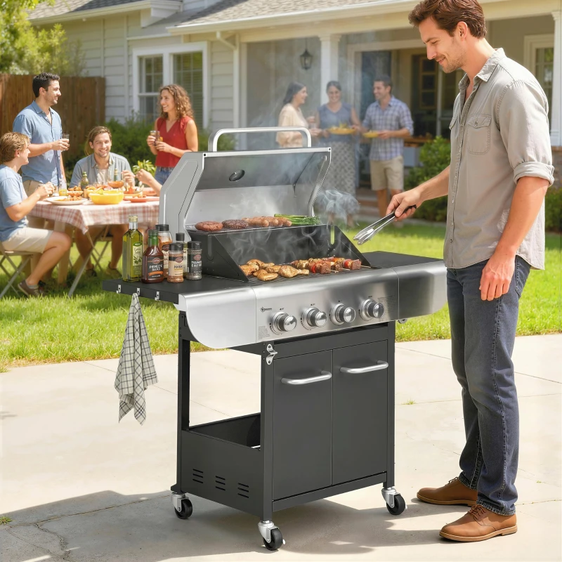 Outsunny Barbacoa de Gas con 4 Quemadores 12,8 kW Termómetro Parrillas de Hierro Fundido Mesas Laterales Armario y Ruedas Negro