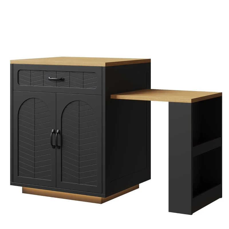 Extendable Kitchen Island with Dining Table, Multifunctional Storage Cabinet with Wine Rack and LED Base Light, 141L x 70W x 101.5H cm, Black
