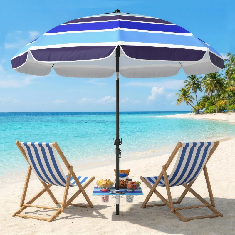 Outsunny Sombrilla de Playa con Mesa Plegable y Portavasos Ø198 cm Altura Ajustable Inclinación Bolsa de Transporte Multicolor