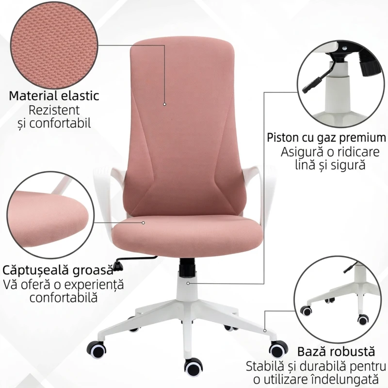 Vinsetto Scaun de birou ergonomic și tapițat, cu înălțime reglabilă și balansare, 62x56x110-119,5 cm, roz