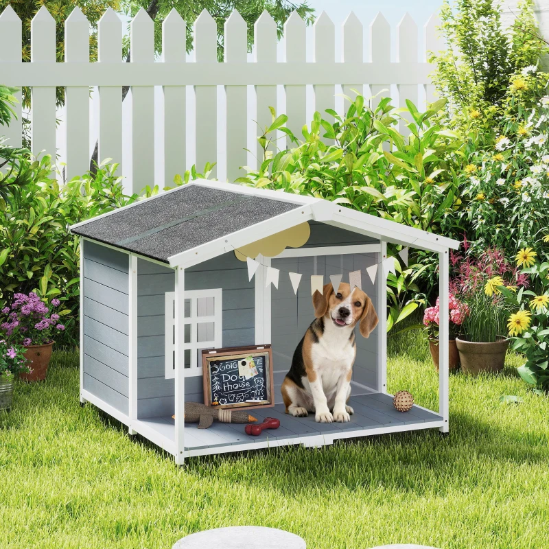 PawHut Hundehütte wetterfestes Erhöhtes Hundehaus aus Holz mit Asphaltdach, Terrasse, für mittelgroße Hunde 103x107x83,5cm Grau